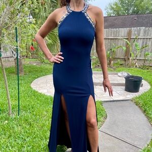 Jodi Kristopher Navy Open Back Slit Front Halter Gown Size 3 New with Tags